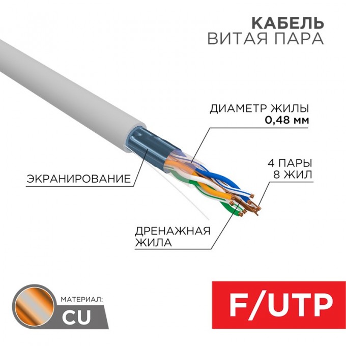 Кабель витая пара REXANT F/UTP, CAT 5е, PVC, 4PR, 24AWG, INDOOR, SOLID, серый, 305м, серия LIGHT, РФ 01-0152-R