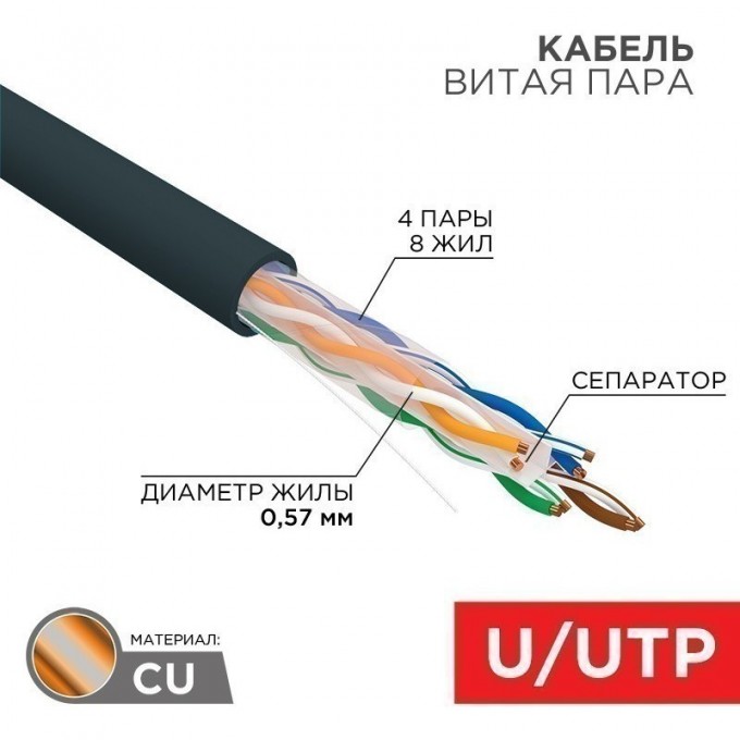 Кабель витая пара REXANT U/UTP, CAT 6, PE, 4PR, 23AWG, OUTDOOR, SOLID, черный, 305м 01-0058