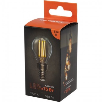 Лампа филаментная REXANT ШАРИК GL45 9,5Вт 950Лм 2700K E14 прозрачная колба Лампа филаментная REXANT ШАРИК GL45 9,5Вт 950Лм 2700K E14 прозрачная колба