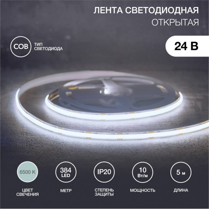 Лента светодиодная REXANT 24В, COB 10Вт/м, 384 LED/м, 6500K, 8мм, 5м, IP20 147-102