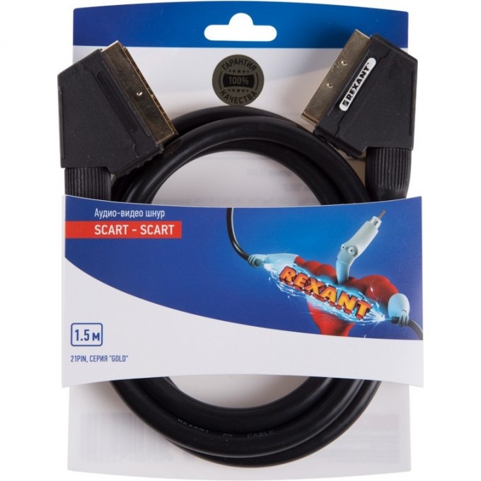 Шнур REXANT SCART - SCART (21pin) 1,5М (GOLD) 06-3075