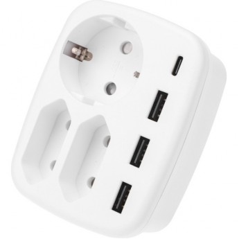 Тройник электрический REXANT 16А + 2х2,5А с заземлением + 3хUSB-A 2,4А + USB Type-C 3А, белый